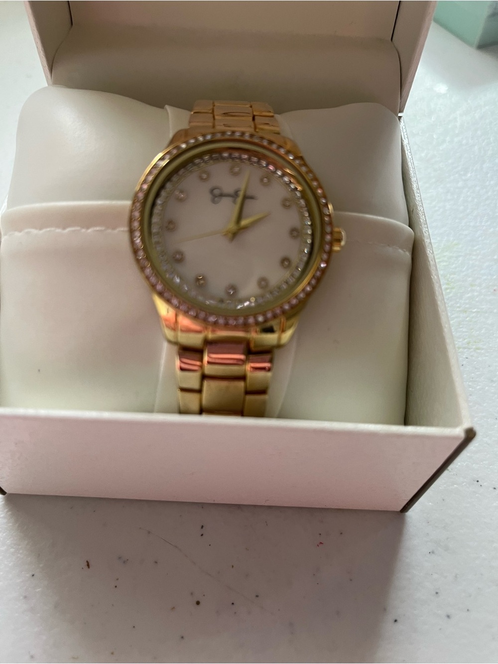 Jessica Simpson Gold-Tone Crystal Accent Women's Bracelet Watch diamonds  white